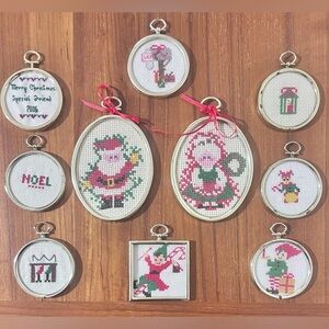 Vintage Cross-Stitch Christmas Ornaments Handmade Framed Gold Lot of 10
